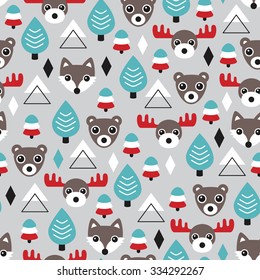 Seamless retro woodland animals grizzly bear fox and moose reindeer illustration christmas winter theme background pattern in vector