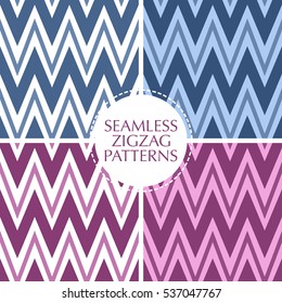 Seamless retro zigzag stripes patterns set. Background collection in trendy colors. 