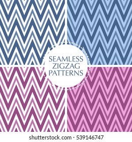 Seamless retro zigzag stripes patterns set. Background collection in trendy colors. 