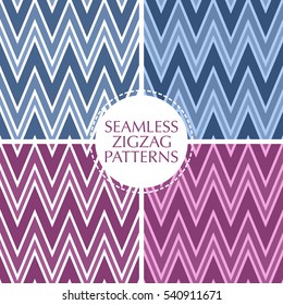 Seamless retro zigzag stripes patterns set. Background collection in trendy colors. 