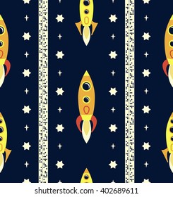 Seamless retro-futuristic space pattern with vintage rockets, stars and punched tape.
