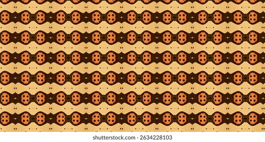 A seamless retro-inspired floral pattern featuring symmetrical rows of orange flower motifs on a dark brown and beige background.