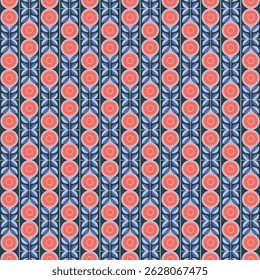 A seamless retro-inspired floral pattern with stylized geometric flowers arranged in vertical stripe rows. Ideal for fabric prints, wallpapers, stationery, and digital or surface pattern design.