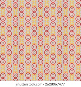 A seamless retro-inspired floral pattern with stylized geometric flowers arranged in vertical stripe rows. Ideal for fabric prints, wallpapers, stationery, and digital or surface pattern design.