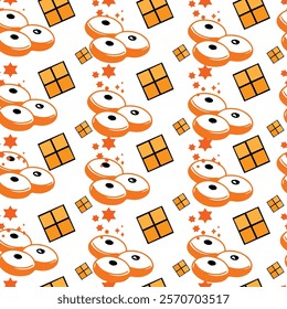 A seamless retro-inspired pattern with playful orange circles resembling eyes, geometric windows, and star accents. Perfect for quirky apparel, unique packaging designs, modern prints, and funky decor