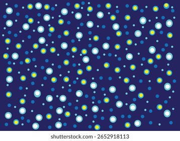 A seamless retro-style dotted pattern featuring colorful circular shapes including yellow, cyan, white, and blue dots on a deep navy blue background.
