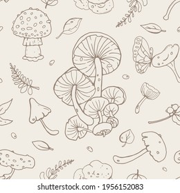 Seamless retro-style pattern with different cute mushrooms, leaves, and Butterfly. Wallpaper. Card design.