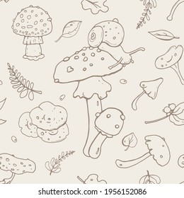 
Seamless retro-style pattern with different cute mushrooms, snail, leaves. Wallpaper. Card design.