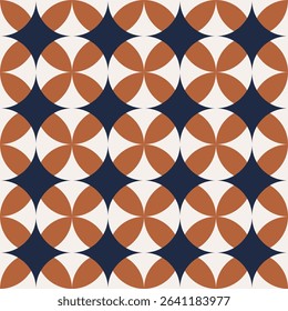 A seamless retro-style pattern featuring circle flower motifs in rust, navy, and ivory. Ideal for home decor, textiles, fashion prints, and vintage-inspired designs.