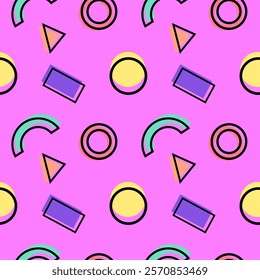 Seamless retro-style pattern featuring circles, rectangles, triangles, and arcs in vibrant pastel tones on a pink background