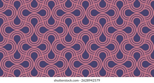 Padrão de estilo retrô contínuo com linhas curvas entrelaçadas em um fundo roxo profundo. Ideal para têxteis, papéis de parede e desenhos digitais com uma estética geométrica vintage ou abstrata.