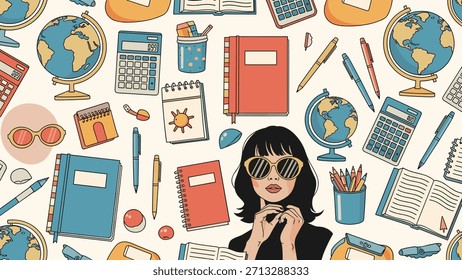 Un patrón sin costuras y de estilo retro con varios útiles escolares, artículos educativos y un estudiante con estilo que usa gafas de sol.