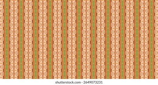 Padrão retro-estilo perfeito com tons de pêssego e verde, apresentando simetria abstrata e repetição vertical. Ideal para papel de parede, tecido ou arte digital.