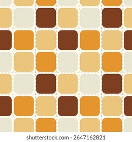 Padrão de estilo retrô contínuo com quadrados arredondados em tons de marrom quente e laranja. As linhas tracejadas adicionam um efeito costurado. Para papel têxtil, tecido, papel de parede ou papel de embalagem vintage. Ilustração vetorial