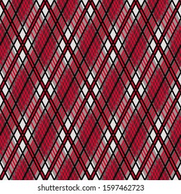 Seamless rhombic illustration pattern as a tartan plaid mainly in red, grey and brown colors with seeming transparency effect