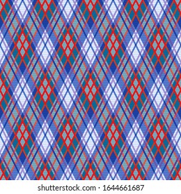 Seamless rhombic illustration pattern as a tartan plaid mainly in blue, purple and red hues