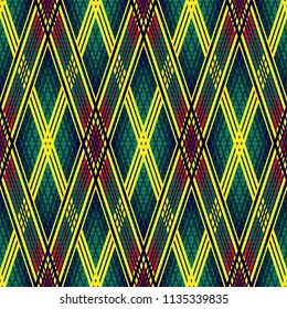 Seamless rhombic multicolor pattern in bright yellow, red, blue and turquoise colors, vector as a fabric texture