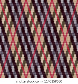 Seamless rhombic pattern with red, magenta, khaki and grey lines on the beige background, vector as a fabric texture