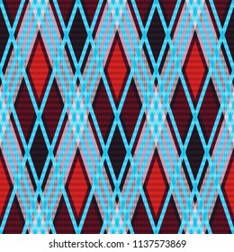 Seamless rhombic texture mainly in red and grey hues with light blue lines, vector as a fabric texture