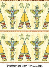 Seamless rhombus background. Endless geometric pattern. Native American indigenous ornamental seamless pattern background with feathers and totem poles.