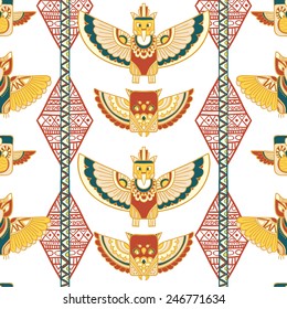 Seamless rhombus background. Endless geometric pattern. Native American indigenous ornamental seamless pattern background with feathers and totem poles.