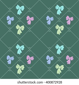 Seamless rhombus mesh pattern. Texture of diagonal strips, lines, bows. Blue, lilac, rosy bow signs on cold green rhombic grid  background. Children, hipster colored. Vector