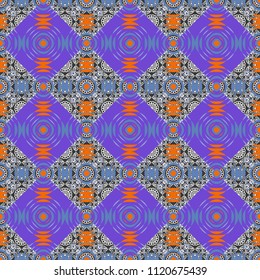 Seamless rhombus pattern. Abstract holiday wrapping paper in gray, blue and violet. Pin up style. Fabric spring ornament with tiles. Vector tiled background. Traditional design of 50s.