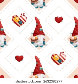 Seamless rhombus pattern with cute gnomes and hearts. Geometric vector sew texture with buttons and knitting yarn.