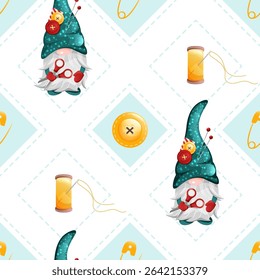 Seamless rhombus pattern with cute gnomes and buttons. Geometric vector sewing texture with sew thread and needle.