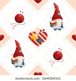 Seamless rhombus pattern with cute gnomes and hearts. Geometric vector sew texture with buttons, pins and knitting needles.