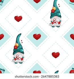Seamless rhombus pattern with cute gnomes and hearts. Geometric vector sew texture with scissors.