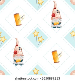 Seamless rhombus pattern with cute gnomes and thread for sewing and needlework. Geometric vector sewing texture with safety pins.