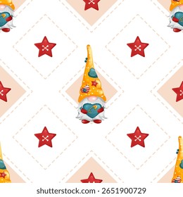 Seamless rhombus pattern with cute gnomes and star buttons. Geometric vector sewing texture.