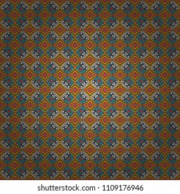 Seamless rhombus pattern. Fabric spring ornament with tiles. Pin up style. Traditional design of 50s. Vector tiled background. Abstract holiday wrapping paper in yellow, beige and gray.