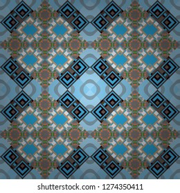 Seamless rhombus pattern. Fabric spring ornament with tiles. Vector tiled background. Traditional design of 50s. Abstract holiday wrapping paper in blue, beige and gray. Pin up style.