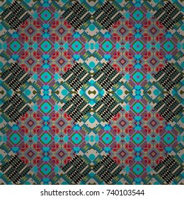 Seamless rhombus pattern. Pin up style. Fabric spring ornament with tiles. Vector tiled background. Abstract holiday wrapping paper in blue, beige and green. Traditional design of 50s.