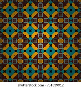 Seamless rhombus pattern. Pin up style. Fabric spring ornament with tiles. Traditional design of 50s. Vector tiled background. Abstract holiday wrapping paper in orange, blue and brown.