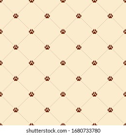 Seamless rhombus pattern with realistic dog paw prints and dotted stripes in brown color. Geometrical pet background. Minimal flat texture for textile, cloth, fabric, wrapping. Vector Illustration. 