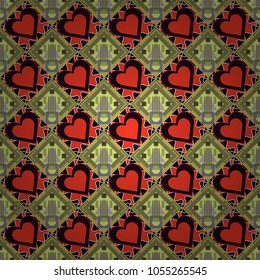 Seamless rhombus pattern. Traditional design of 50s. Fabric spring ornament with tiles. Pin up style. Abstract holiday wrapping paper in red, green and black. Vector tiled background.