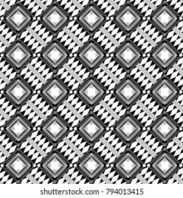Seamless rhombus pattern. Traditional design of 50s. Vector tiled background. Fabric spring ornament with tiles. Abstract holiday wrapping paper in gray, black and white. Pin up style.