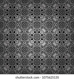 Seamless rhombus pattern. Vector tiled background. Abstract holiday wrapping paper in black, white and gray. Fabric spring ornament with tiles. Traditional design of 50s. Pin up style.