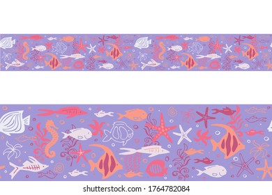 Сolorful  seamless ribbon border with cartoon fishes.  Hand drawing.