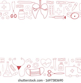Nahtlose Bandrahmen mit verschiedenen medizinischen Symbolen im Doodle-Stil (Krankenwagen, Lungen, Phonendoskop, Tabletten, Maske). Horizontales medizinisches Muster. Vektorillustration rote Umrisslinie, einzelne Abbildung. eps10