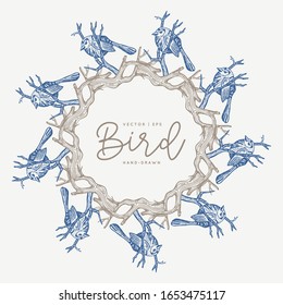 Seamless ribbon border made of birds. Blue vintage. Design for packaging, fabric, textile, paper, frame.