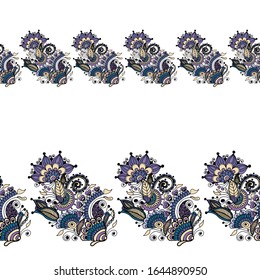 Frontera de cintas sin mar hecha de adorno étnico floral. Diseño para embalaje, tela, textil, papel, marco.