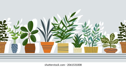 Seamless ribbon border with potted houseplants. Colorful vector illustration.