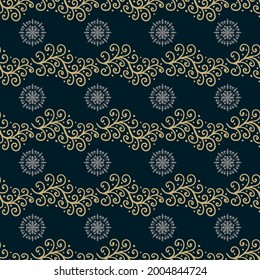 Seamless ribbon with Christmas snowflake pattern. Green and gold colors. Christmas seamless pattern for greeting cards, wrapping papers. Hand drawn winter background from doodle Christmas trees