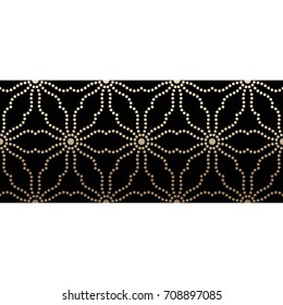 Seamless ribbon pattern with golden dotted flowers. Oriental ornament. Vector illustration.