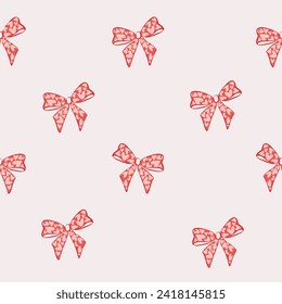 Seamless ribbon pattern with hearts in cartoon style. Cute trendy design. Vector funky illustration. Ballet-core, coquette-core background.