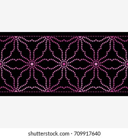 Seamless ribbon pattern with pink dotted flowers. Oriental ornament. Vector illustration.